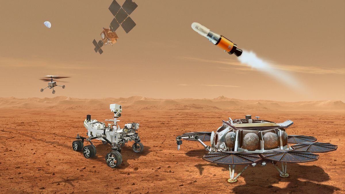 illustration of a rover and a lander on the surface of mars with a small helicopter a rocket and a satellite in the sky above them