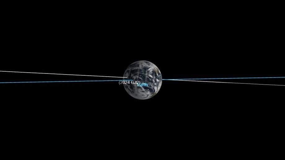 a blue line crosses a white line across a black space Earth hangs at the lines