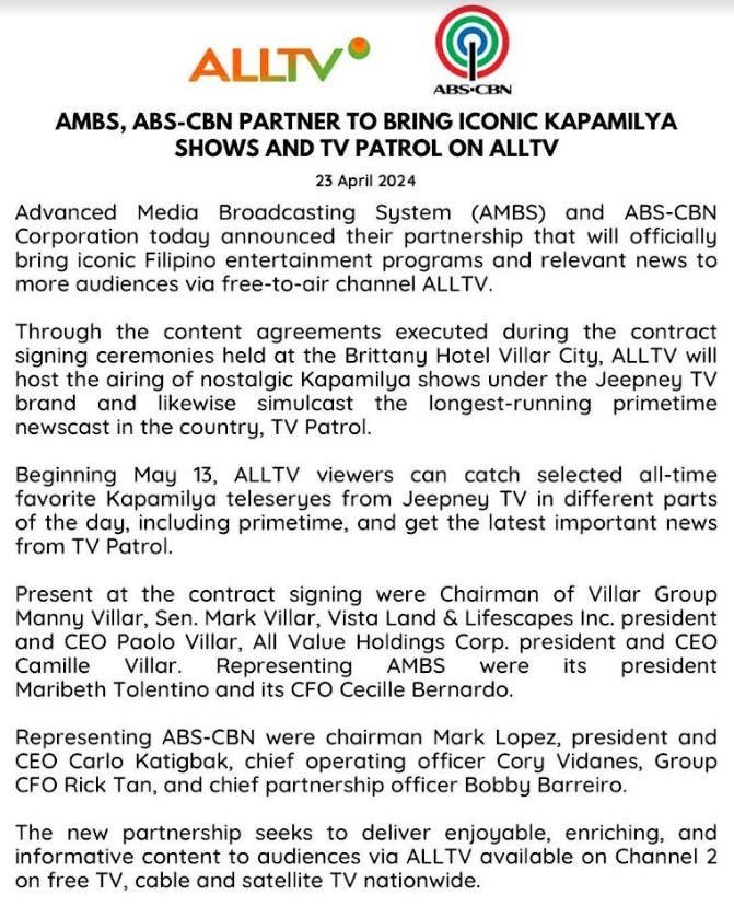 AMBS, ABS-CBN Partner to Bring Iconic Kapamilya Shows and TV Patrol on ALLTV