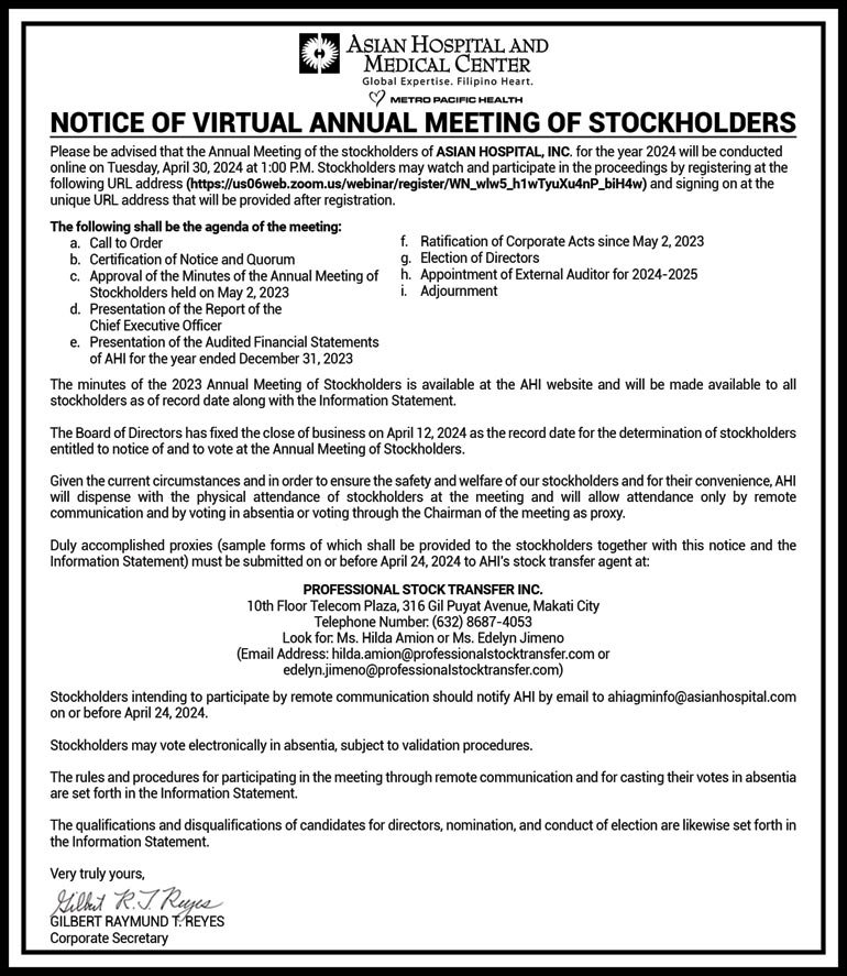Asian Hospital Inc to hold virtual Annual Stockholders Meeting on April 30