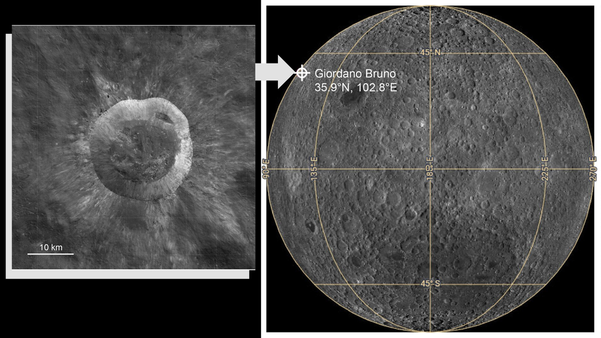 two side by side images at left a closeup of a lunar crater at right a view of the moon against the blackness of space
