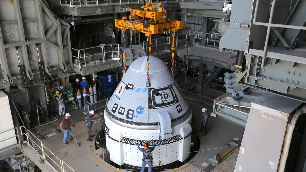 A Boeing Starliner is stacked atop its Atlas V rocket ahead of its first astronaut flight for NASA at Cape Canaveral Space Force Station in Florida