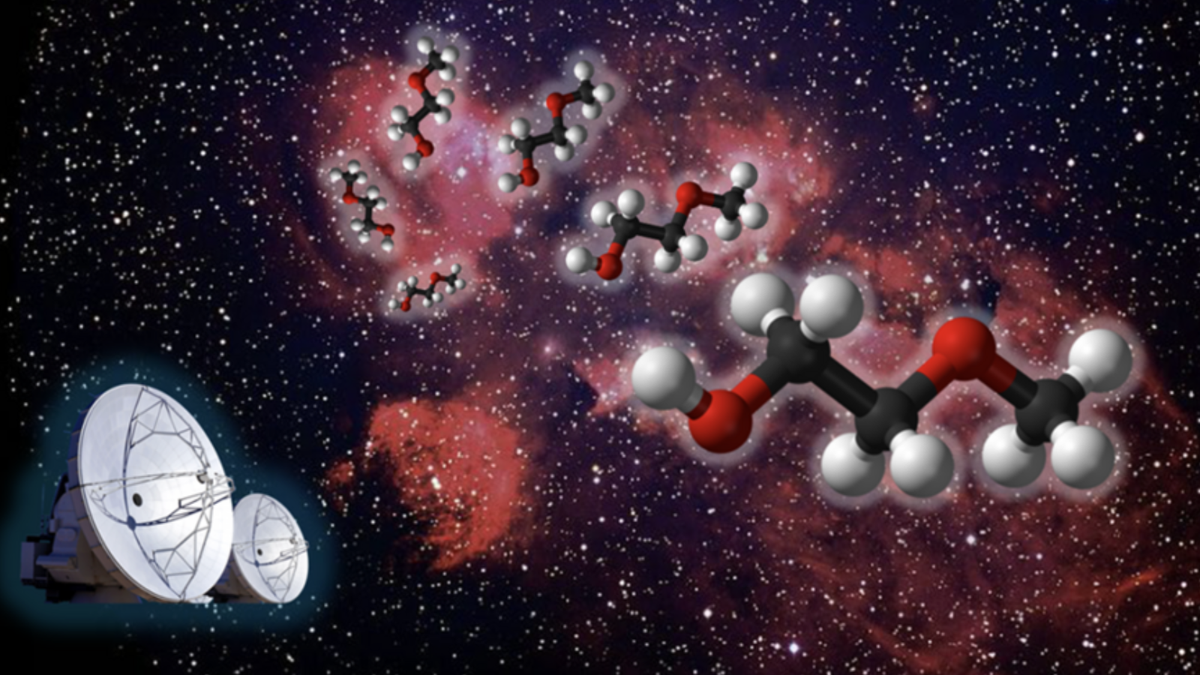 A view of space with an illustration of molecules on the right and a telescope array on the bottom left