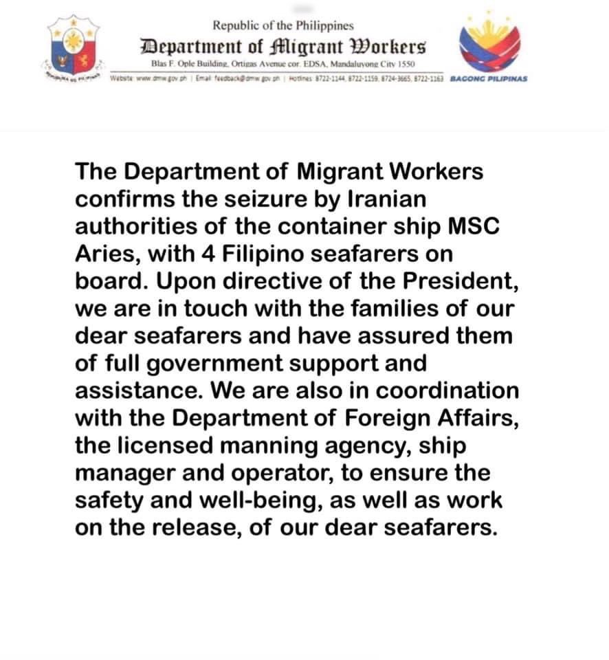 DMW: Iranian authorities sieze container ship with 4 Filipino seafarers on board