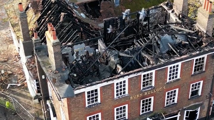 Drone footage shows destruction to historic London pub caused by fire | News