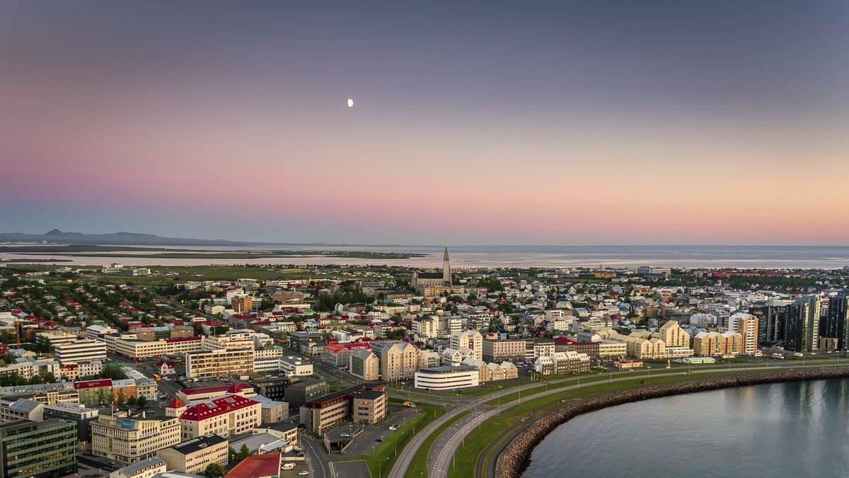 Panoramic view of Reykjavik in the summertime Midnight sun This image is shot using a drone