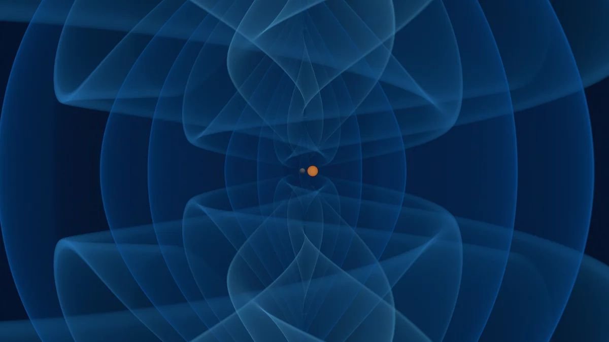 crazy wavy blue lines swirl around an orange dot