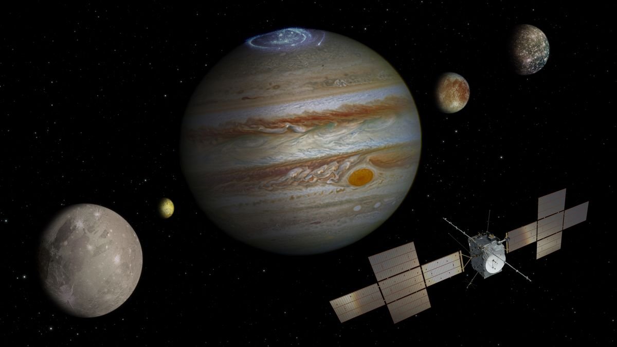 A spacecraft Jupiter and various moons are illustrated in space