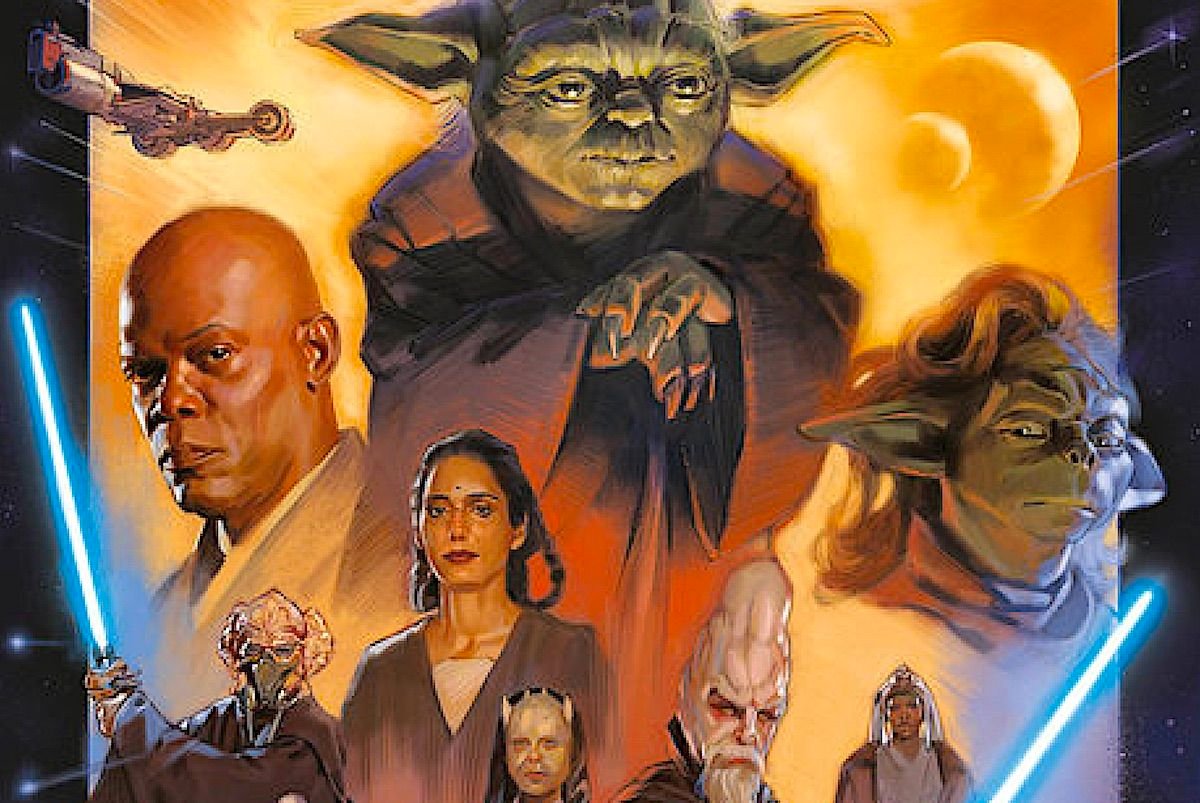 illustrations from a book cover showing six star wars characters against a yellow sky backdrop