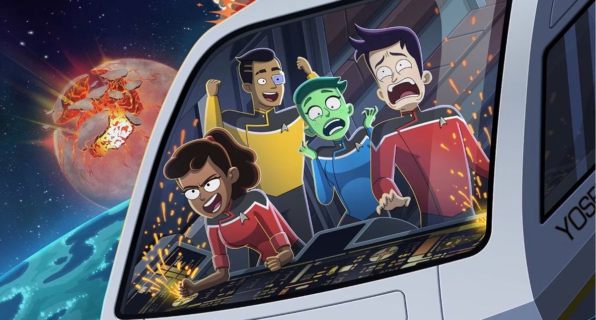 four cartoon characters aboard an out of control space shuttle