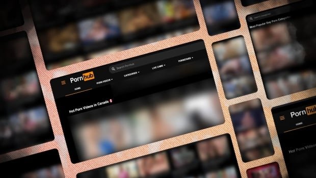 A photo illustration shows repeated images of the pornhub landing page with the videos blurred