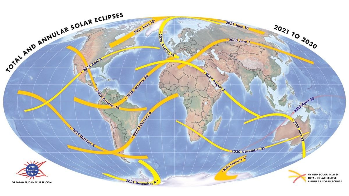 map showing the routes of upcoming total solar eclipses and annular solar eclipses across Earth along with their dates