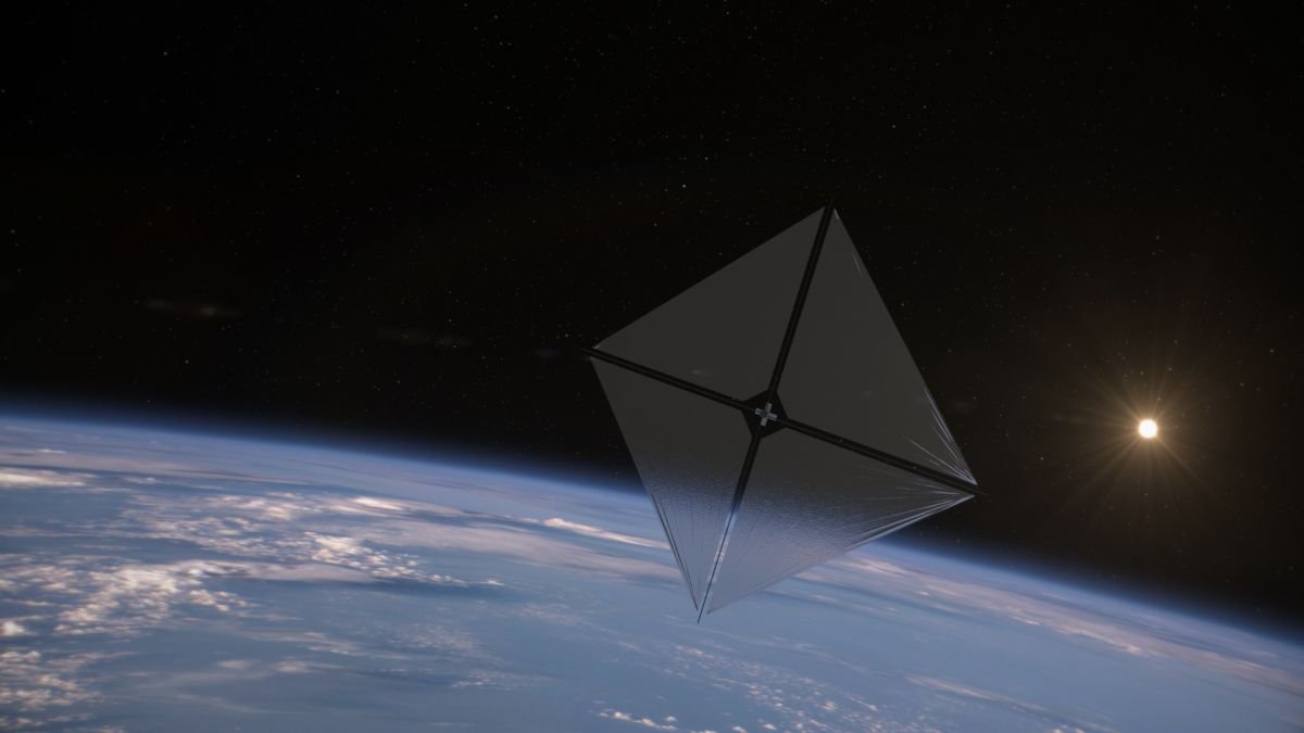 a square made of four triangles floats above earth with the sun behind