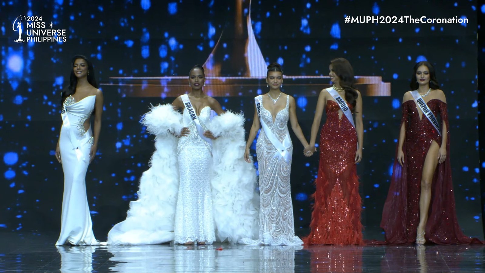YOUR TOP 5 QUEENS!  The #MissUniversePhilippines2024 top five candidates take their final walk before the final results….