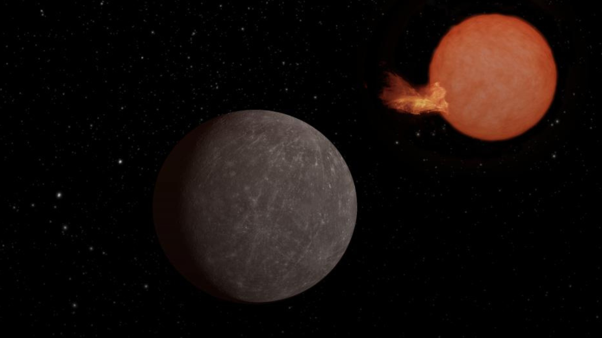 A gray exoplanet in space near a red dwarf star toward the top right A flare erupts off the star