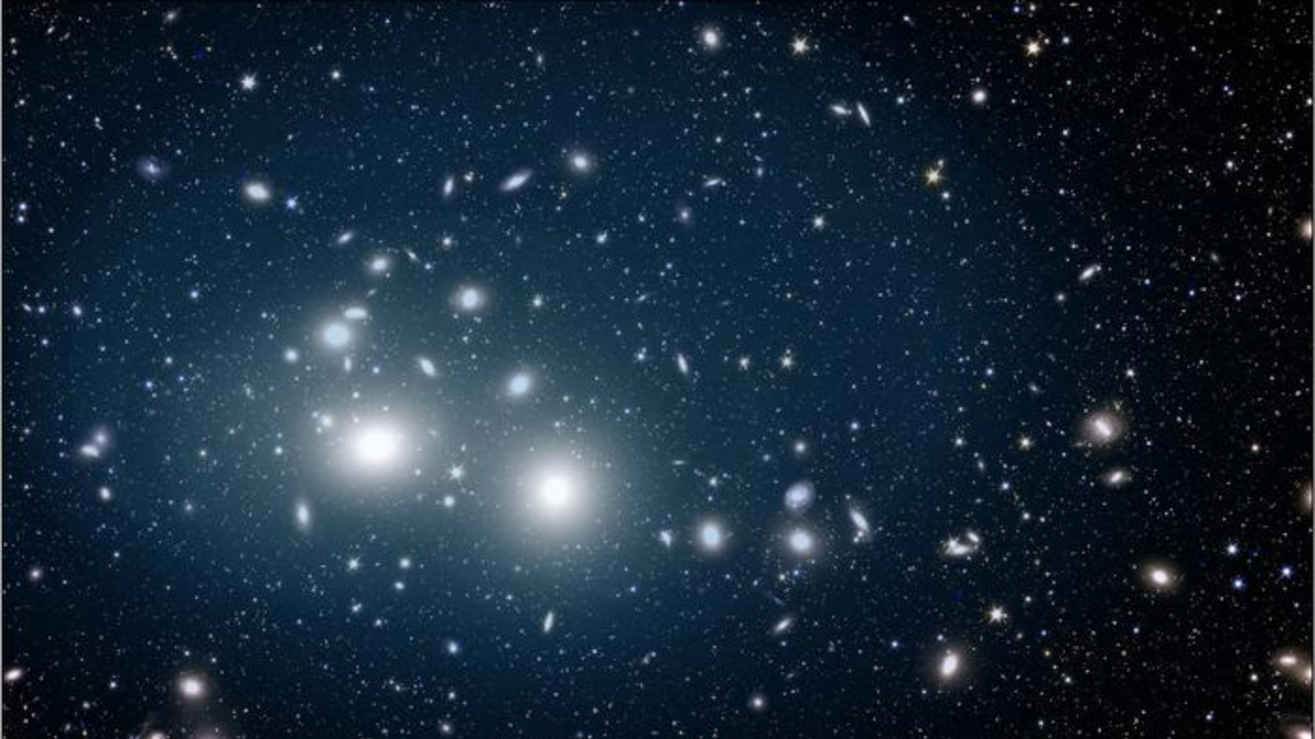 A Euclid image of the Perseus cluster of galaxies bathed in a gentle soft blue light emanating from orphan stars These orphan stars are dispersed throughout the cluster extending up to 2 million light years from its centre