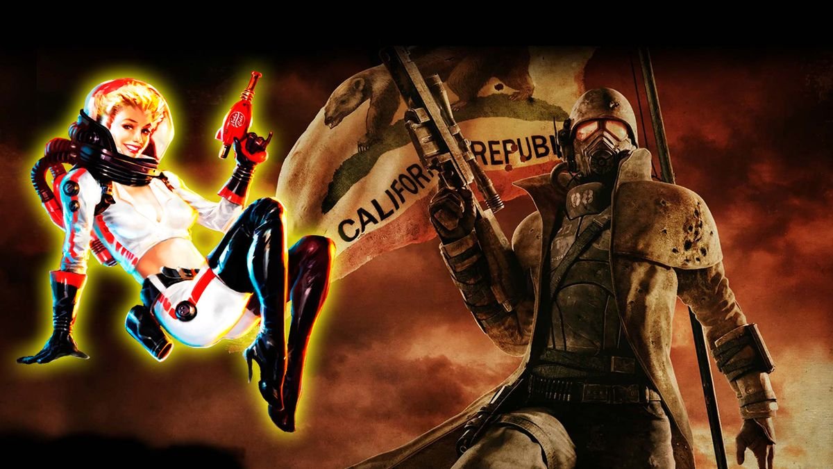 An image showing a wastelander in front of the California Republic flag with the Nuka Cola pin up girl displayed on the left