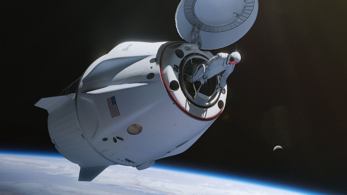 a person in a spacesuit exiting a white capsule in space above Earth from what looks like the top of the capsule A barely lit moon is seen in the background