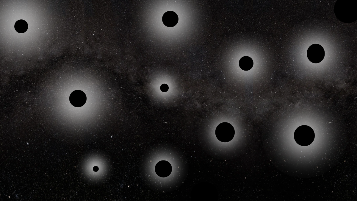 A dark scene of space has illustrations of a bunch of black circles with hazy white rings around each one