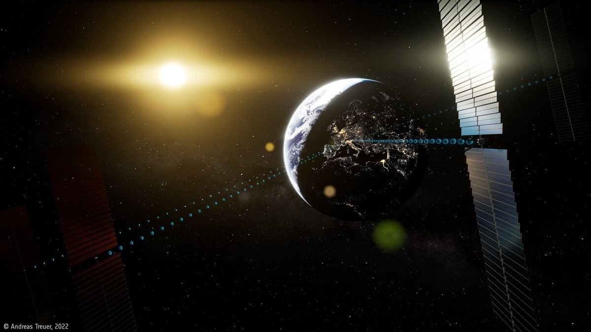 tiny satellites one out of frame on the bottom left one on the right with giant twin solar panels beam blue dotted lines down to a shadowed earth The sun shines smaller in the top left distance