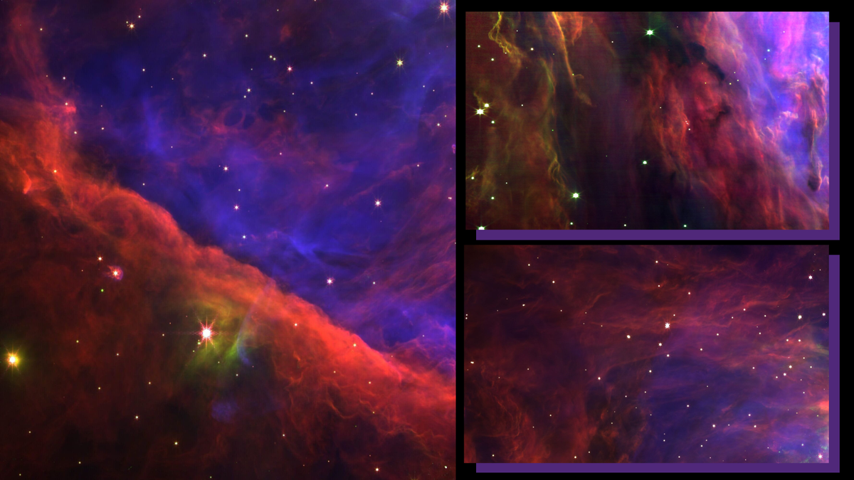 Three images of regions of the Orion Nebula captured by the JWST showing the familar star forming region in a vibrant new light