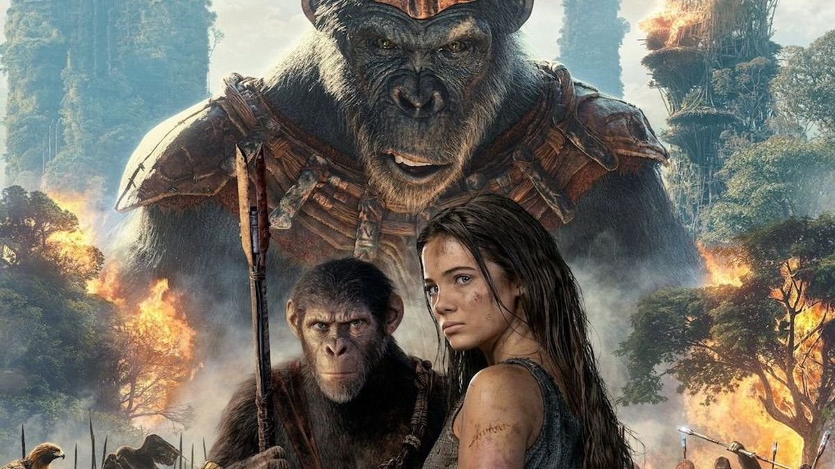 two sentient apes and a human centered in a fiery post apocalyptic background