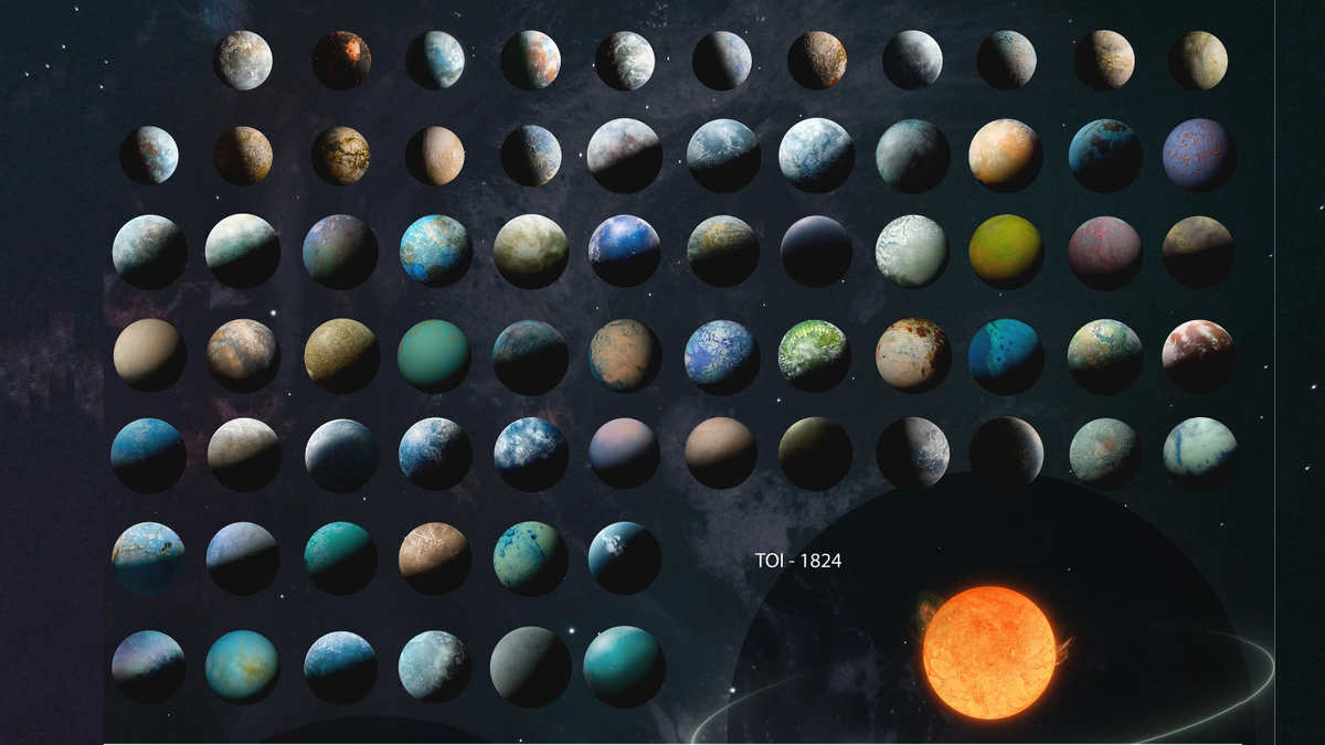 Lots of different exoplanet illustrations neatly organized in a grid pattern They