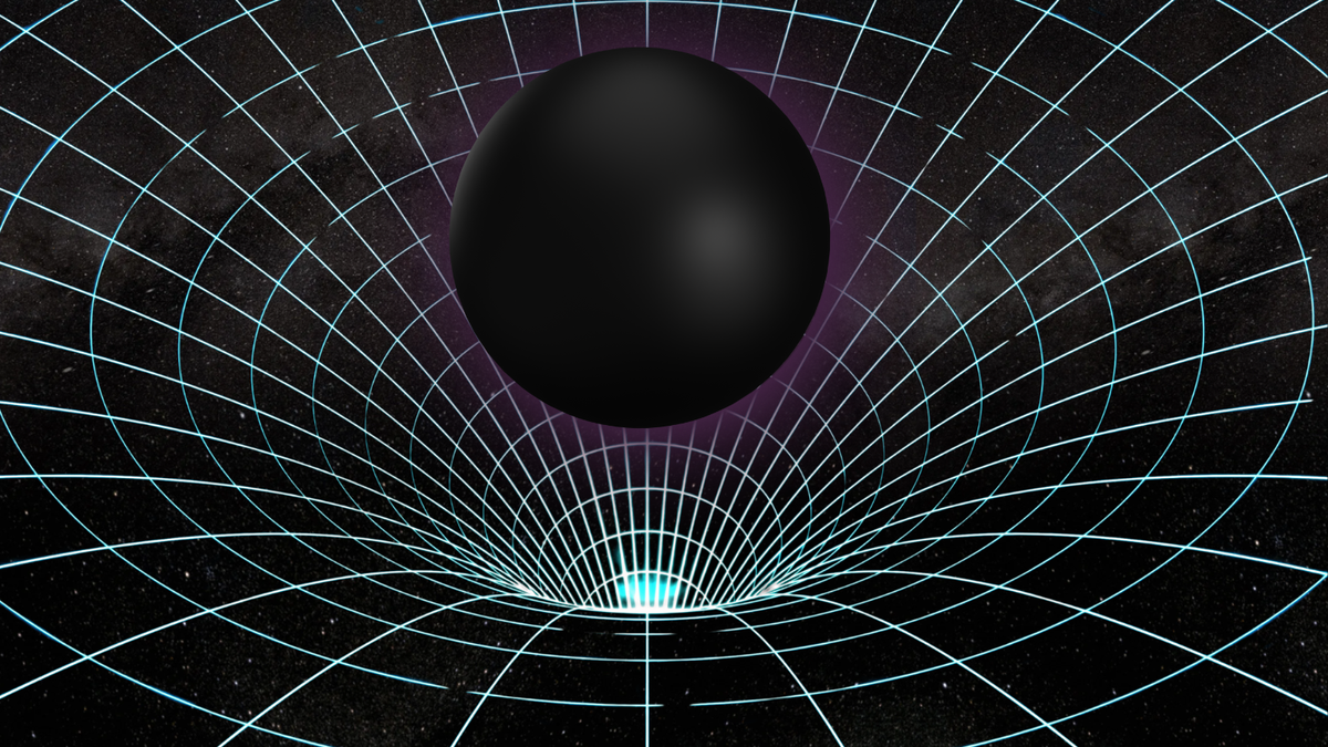 A black ball in the center of the screen looks to be falling into a warped spacetime diagram