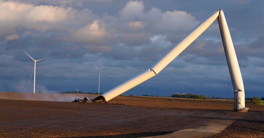 Some Wind Turbines in Iowa Crumpled by Tornadoes