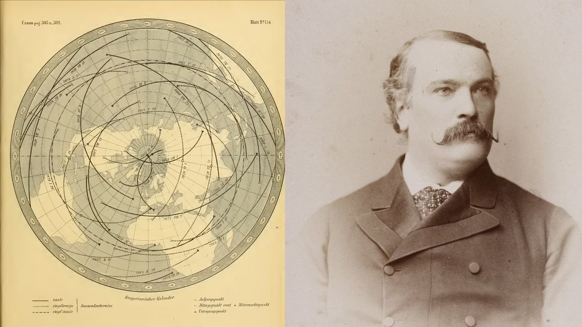 two images on the left is a vintage illustration of earth crisscrossed with arcing lines showing the paths of eclipses on the right is a vintage portrait of a man in a suit with a large mustache