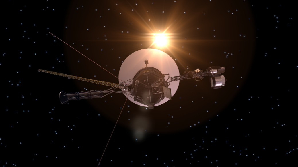 A rendering of Voyager 1 with the sun in the background