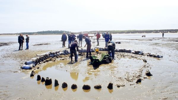 people in a sandy marsh near a circle of stones sticking out of the surface