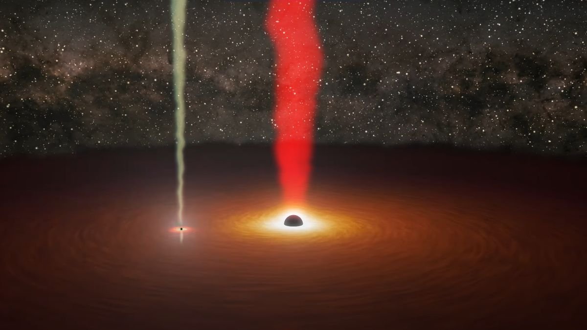 dark orange and brown gas swirls in a disk around a black orb which spews bright red gas upward to its left a smaller black point shoots a light gas upward too