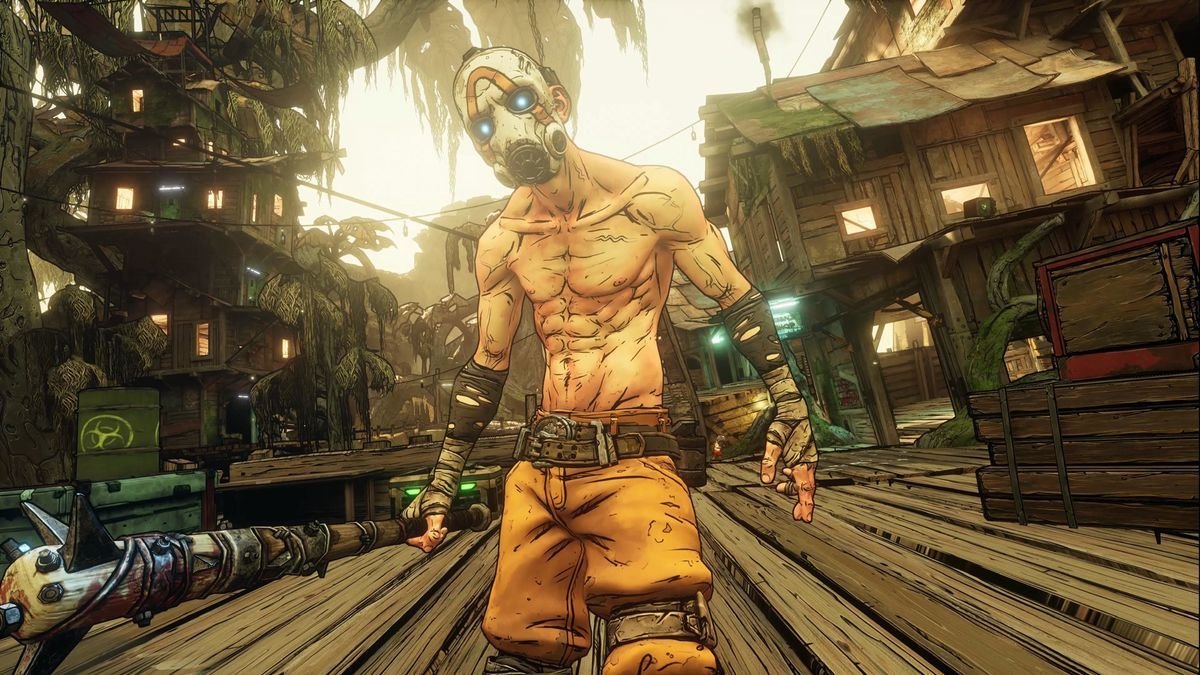 a shirtless person in a white mask clutches a spiked club while standing in a ruined building