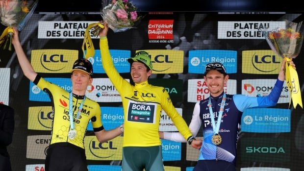 Canadian rider Derek Gee celebrates podium finish in Criterium du Dauphine