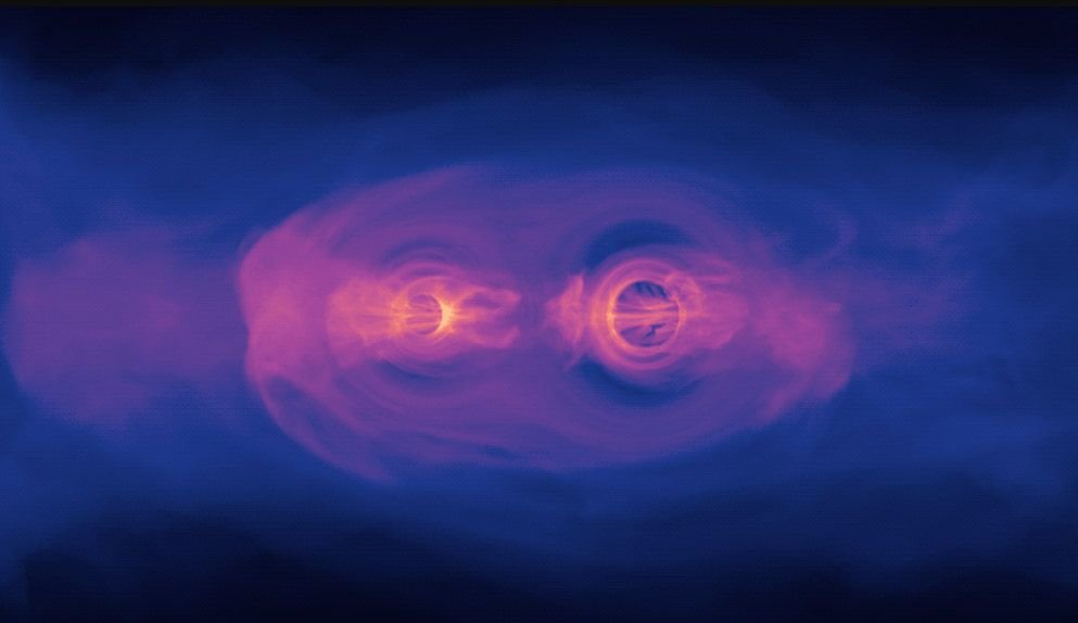 A purple scene showing two outlines of black holes in the center on their way toward colliding