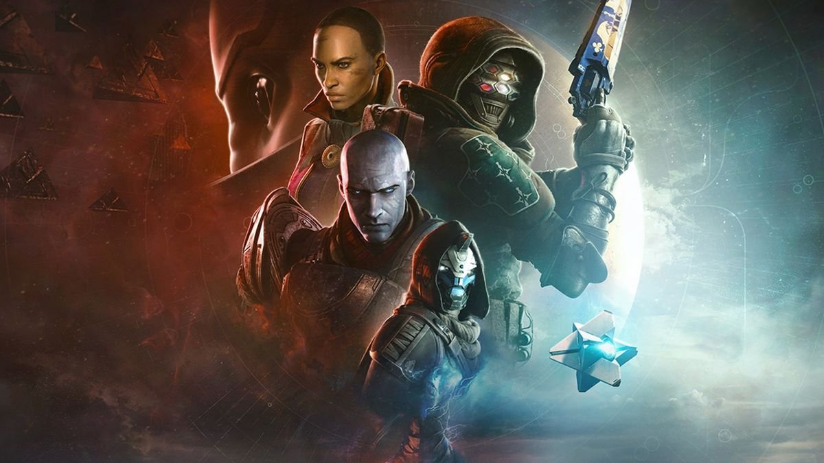 Main image shows characters from the video game Destiny 2 in foreground with a red to blue left to right colour scheme