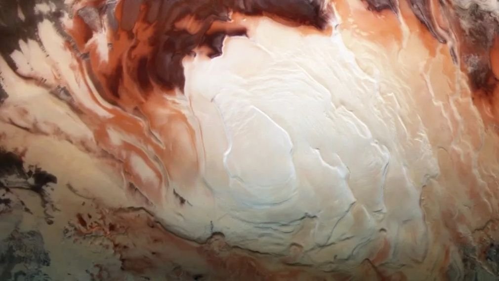 spacecraft image showing a closeup of the ice cap at Mars