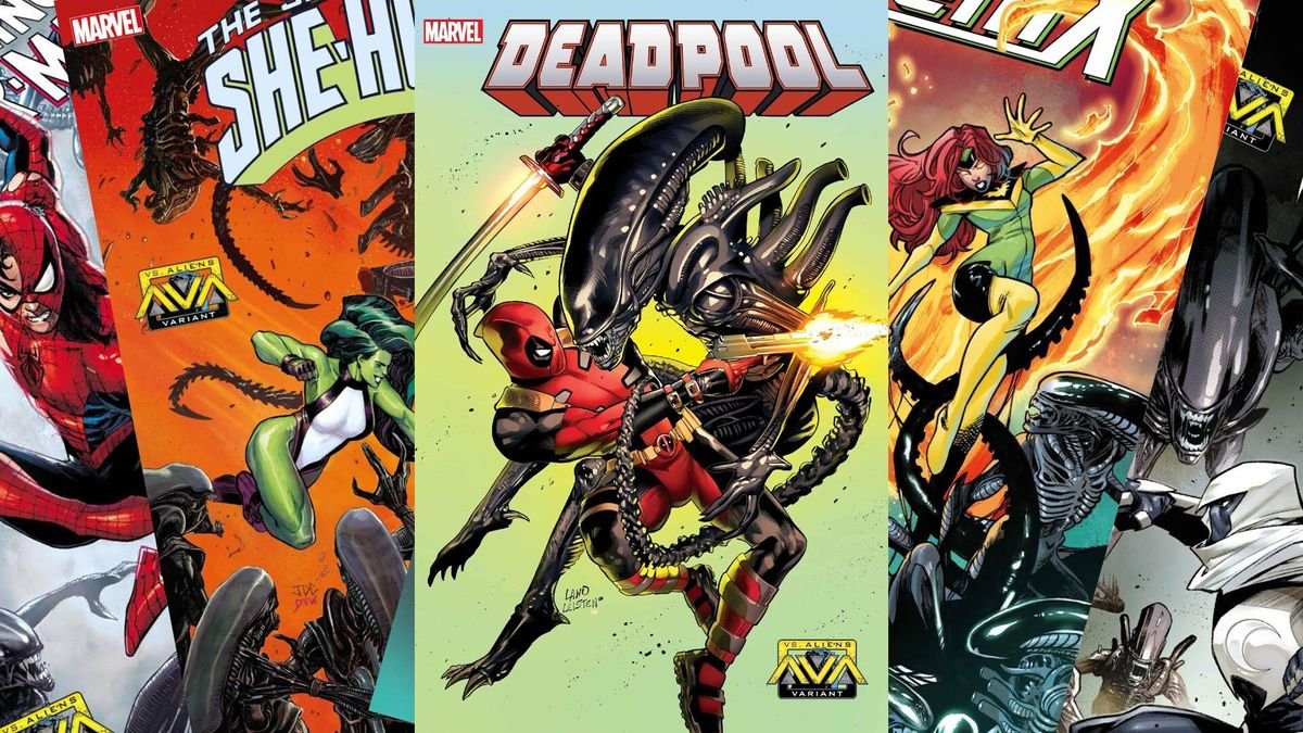 collage of five comic book covers showing superheroes fighting alien creatures