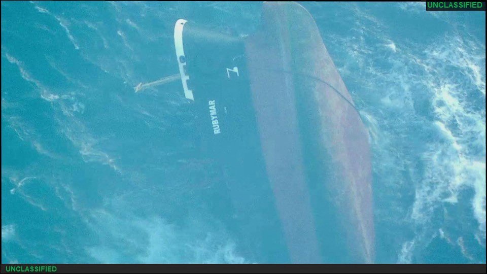 A handout picture released by the US Central Command CENTCOM on March 2 2024 shows the capsized Belize flagged UK owned bulk carrier Rubymar in the Red Sea after taking damage due to a February 18 missile strike claimed by Yemen