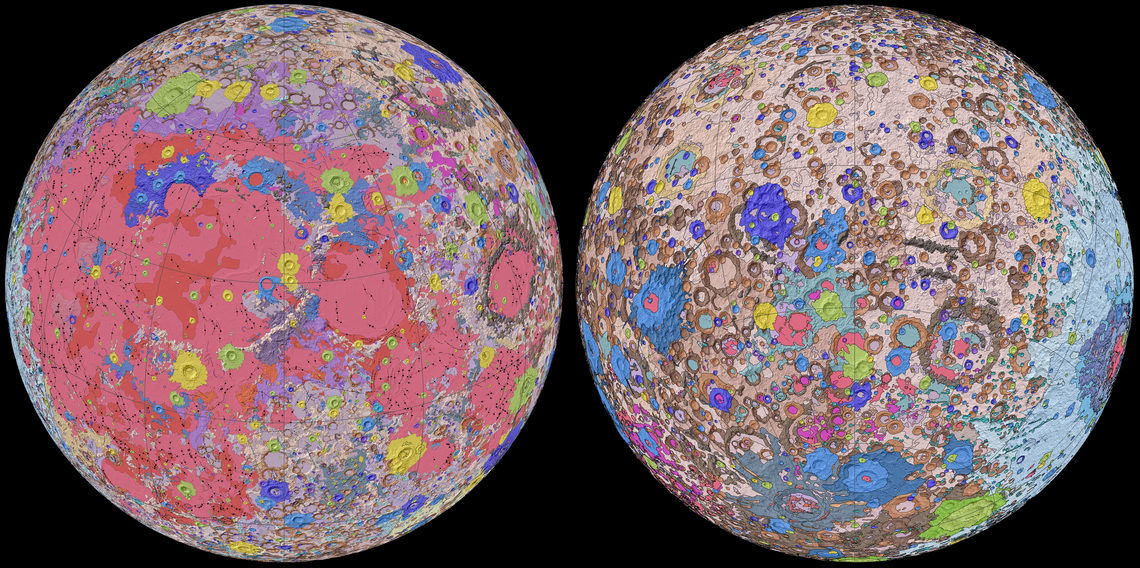 Two orbs next to each other with lots of colors indicating various features of the moon