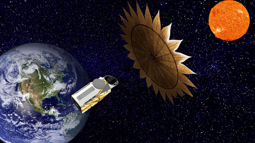 illustration of a space telescope orbiting earth with the sun in the background