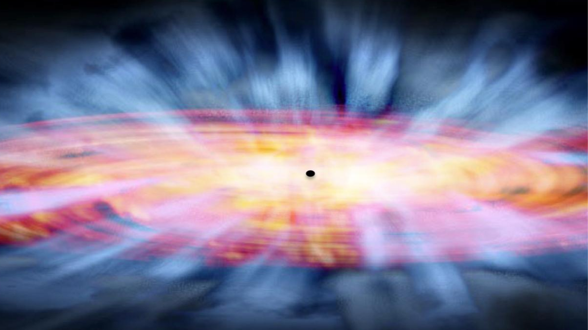 A glowing red and orange disk with a black circle at its center and blue streaks coming from it