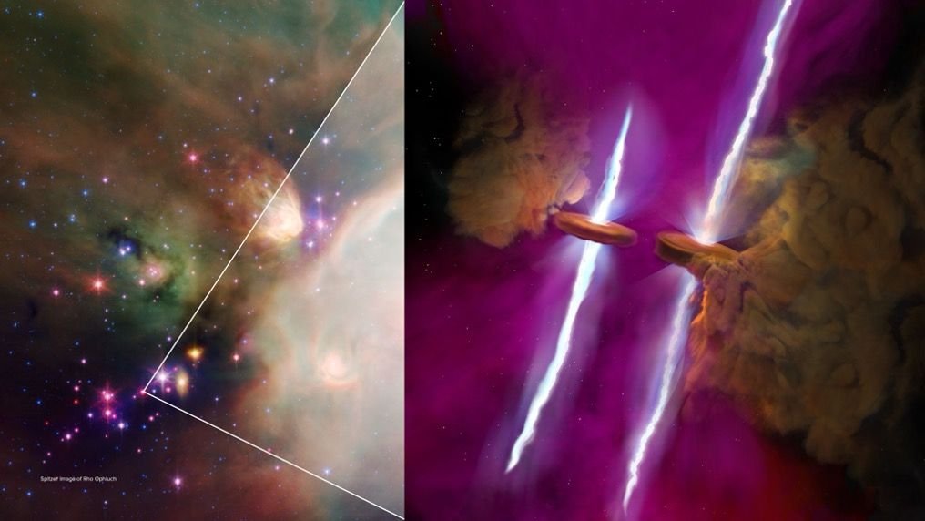a galactic nebula on the left is enlarged on the right to show two lightening bolts striking through gaseous clouds
