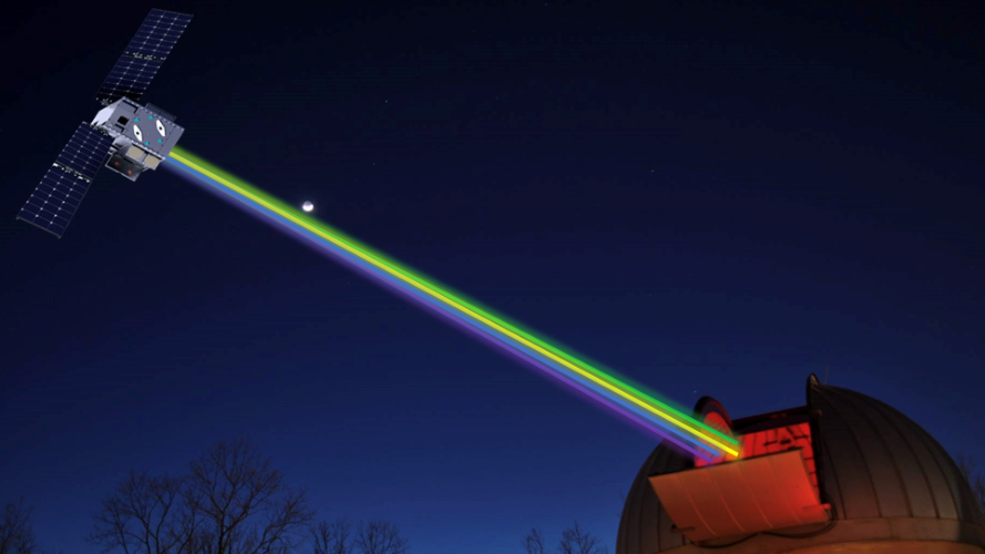 a red light hued domed observatory beams four lasers violet indigo yellow and green from an opening in its roof into the night sky which connect to a large satellite in the sky