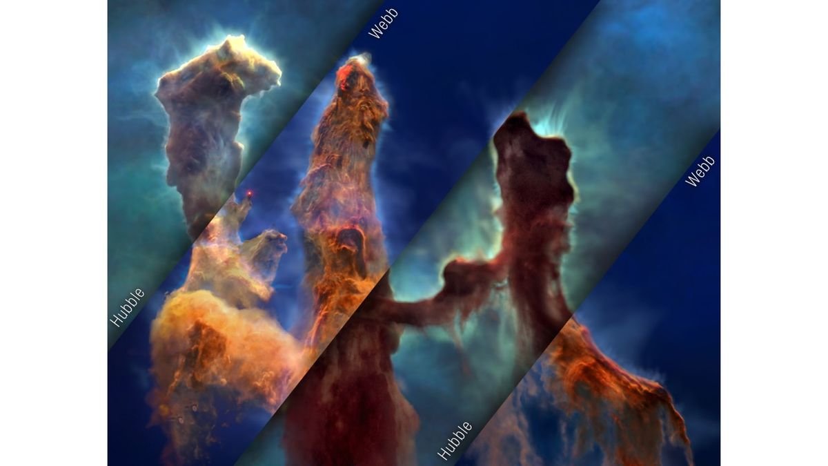 three tall pillars of cosmic gas and dust glow orange red in deep space