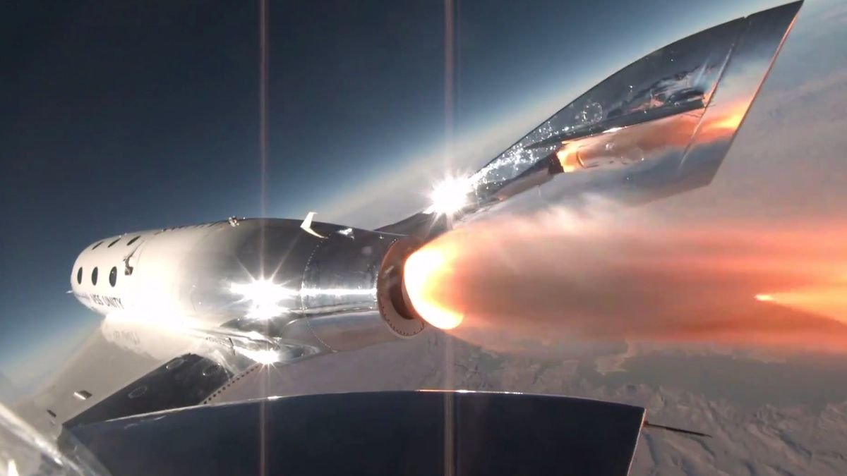 a silver space plane flies through the air in front of a large plume of fire the curvature of earth can be seen behind it