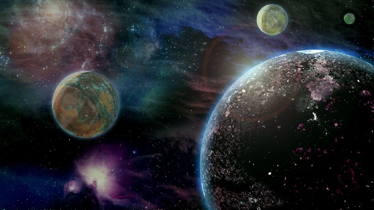 graphic illustration of several alien worlds without a host star