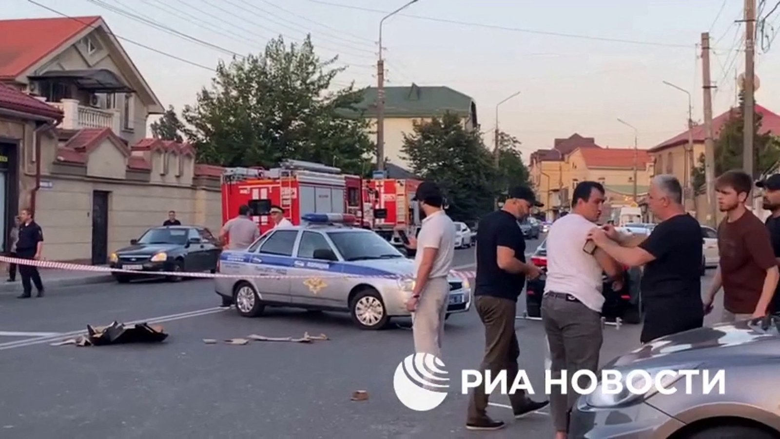 Terror attack in Russias Dagestan Gunmen kill police priest This screengrab picture taken from video released on June 23 2024 by Russian state news agency RIA Novosti shows an area sealed off by Police following deadly attacks on churches and a synagogue in Russia