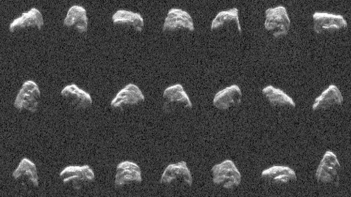 a grainy image of the same space rocket shown from many different angles presented in three rows of seven images all against black space